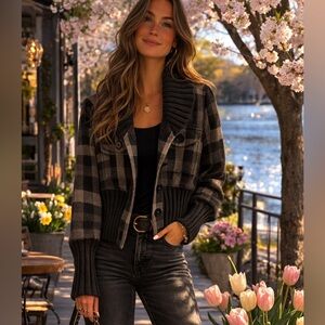 THEORY Cashmere Blend Black and Gray Checkered Plaid Jacket size small